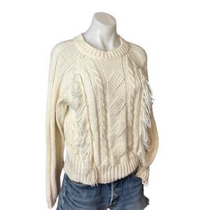 Anthropologie Elsamanda Cable Knit Sweater White LARGE Fringe Italian Prarie